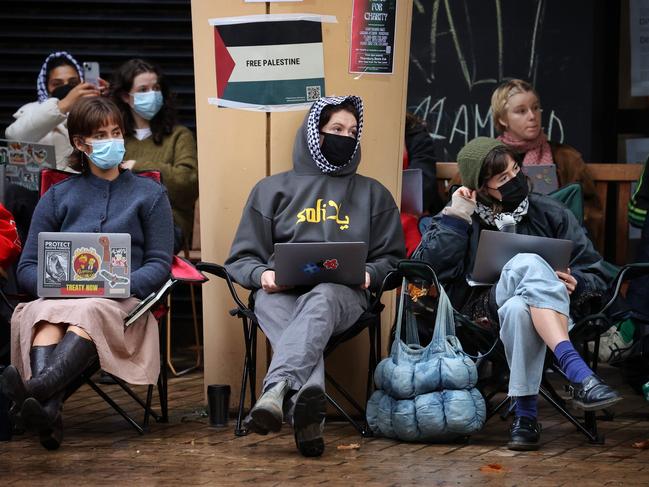 MELBOURNE, MAY 20, 2024: Students and staff at Melbourne University continue to protest for Palestine at the Arts West building. Picture: Mark Stewart