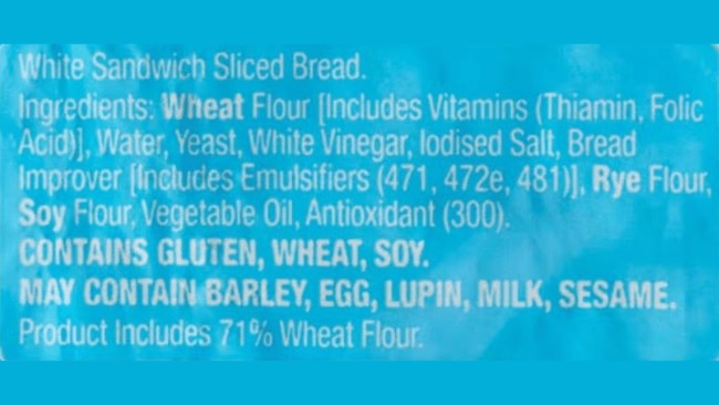 ALDI sandwich bread ingredients. Image: Supplied