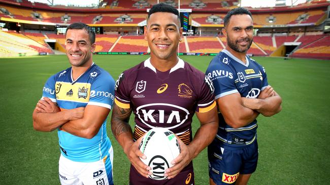 (L-R) Corey Thompson (Titans), Jamayne Isaako (Broncos) Justin O’Neill (Cowboys) promote the NRL Magic Round at Suncorp Stadium. Picture: Steve Pohlner