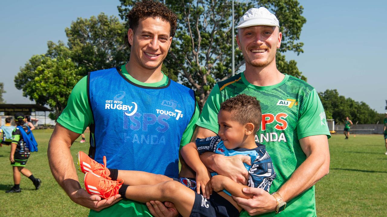 Mark Nawaqanitawase and James Turner with Waisale Radravu as the Australian 7s men's team train in Darwin ahead of the 2024 Paris Olympics. Picture: Pema Tamang Pakhrin