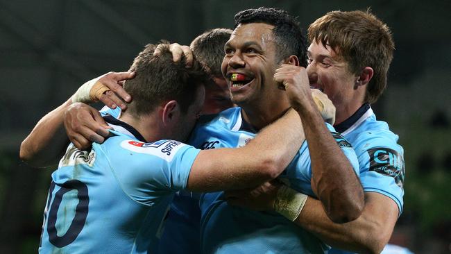 Kurtley Beale celebrates a latching onto an intercept. Picture: AAP