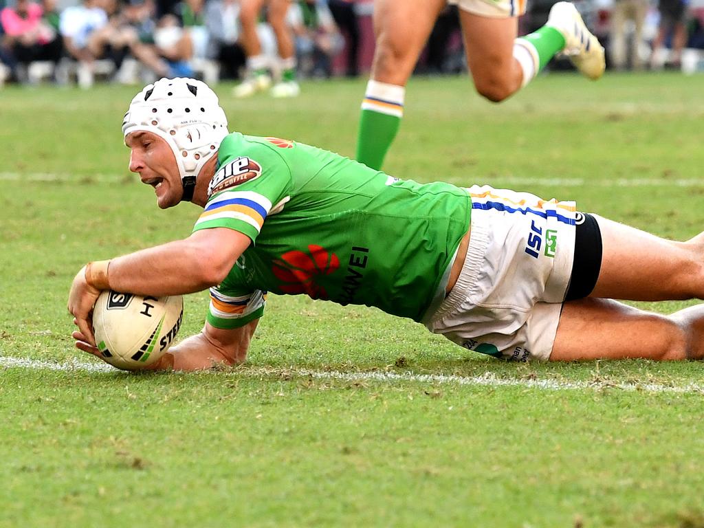 BRISBANE, AUSTRALIA - MAY 12: Jarrod Croker of the Raiders has this attempted try disallowed during the round nine NRL match between the Sydney Roosters and the Canberra Raiders at Suncorp Stadium on May 12, 2019 in Brisbane, Australia. (Photo by Bradley Kanaris/Getty Images)