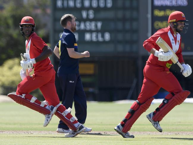 Casey South MelbourneÃs Ashley Chandrasinghe and Luke Manders in action during the Premier Cricket: Ringwood v Casey South Melbourne at Russell Lucas Oval in Ringwood, Saturday, Feb. 12, 2022. Picture: Andy Brownbill