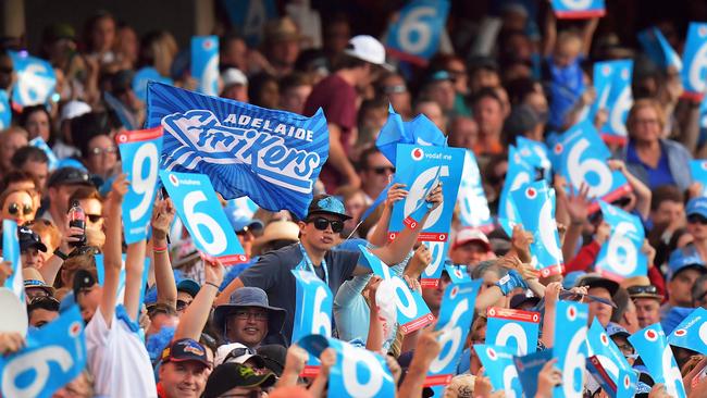 Strikers fans show their colours during the New Year’s Eve Big Bash League match at Adelaide Oval. Picture: Daniel Kalisz/Getty Images