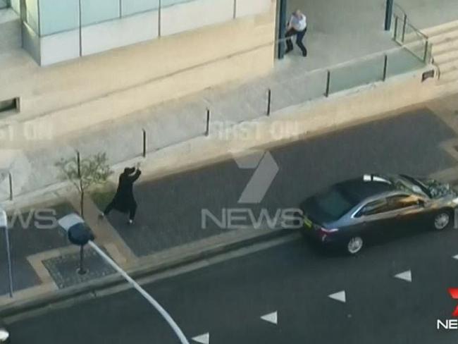 Video captures the moment Farhad Jabar starts firing at security staff in front of Parramatta Police Station after killing NSW police worker Curtis Cheng, and subsequently being shot dead himself. Picture: 7 News