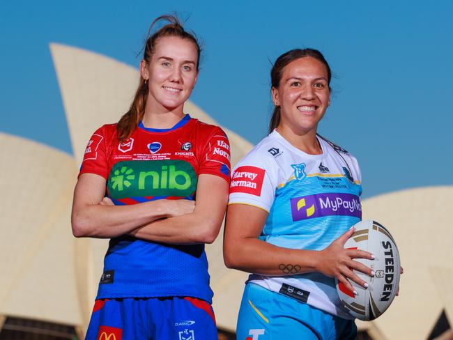Weekend Telegraph. 29, September, 2023.Newcastle Knights, Tamika Upton and Gold Coast Titans, Evania Pelite, at the NRL Fan Fest, at The Overseas Passenger Terminal, Circular Quay, today.Picture: Justin Lloyd.