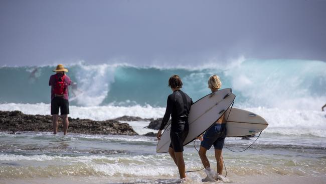 Surfers enjoying the larger swell at Snapper Rocks on Sunday 2 January 2022. Picture: Jerad Williams