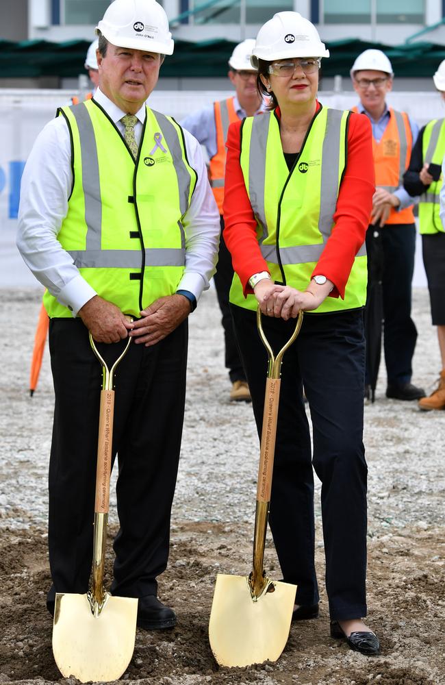 Star Entertainment Group Chairman, John O'Neill (left) and Queensland Premier Annastacia Palaszczuk (right) are seen at the Queens Wharf project in Brisbane. Picture: Darren England