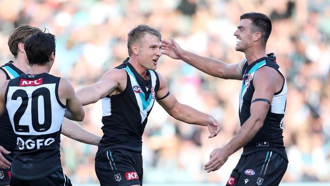 Scott Lycett (R) answered the questions surrounding Port’s ruck stocks. (Photo by Sarah Reed/AFL Photos via Getty Images)