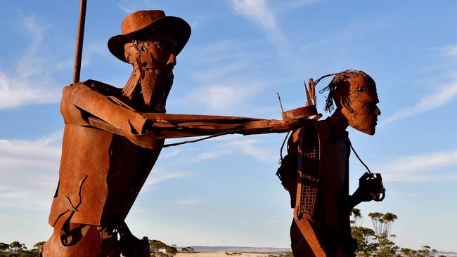 The Edward John Eyre sculptures that overlook the town of Kimba at White's Knob lookout. Picture: Bianca De Marchi