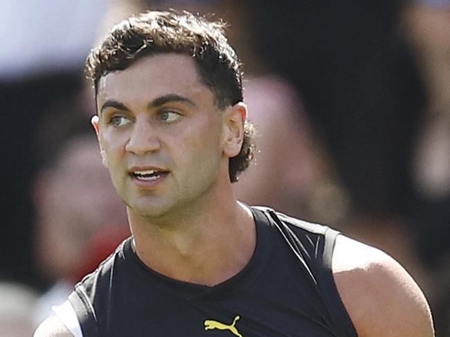 MELBOURNE, AUSTRALIA - FEBRUARY 24: Tim Taranto of the Tigers celebrates kicking a goal during the AFL Match Simulation between North Melbourne Kangaroos and Richmond Tigers at Arden Street Ground on February 24, 2023 in Melbourne, Australia. (Photo by Daniel Pockett/AFL Photos/Getty Images)