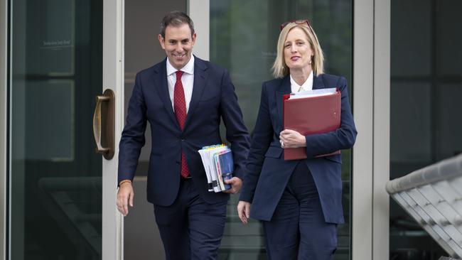 Treasurer Jim Chalmers and Finance Minister Katy Gallagher in Parliament House in October 2022.