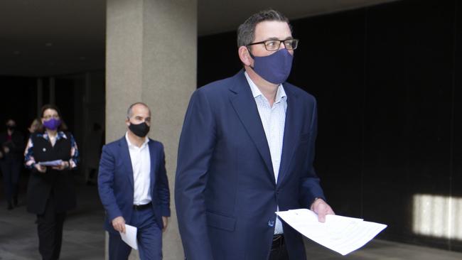 Victorian Premier Daniel Andrews arrives at a press conference to announces stronger restrictions in Victoria. Picture: David Geraghty