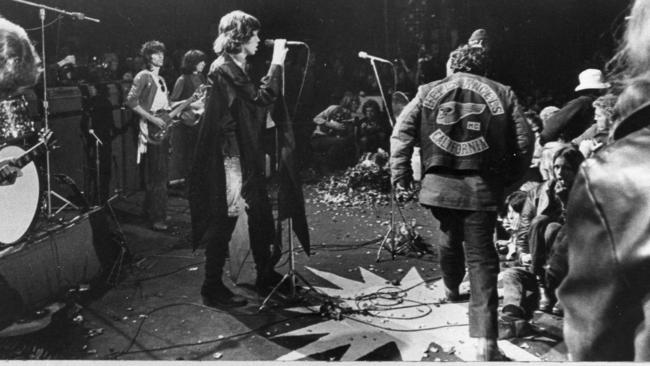 Hells Angels invade the stage at a Rolling Stones concert in 1969.