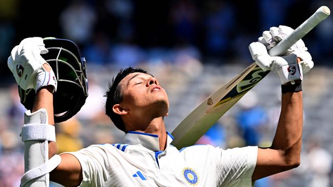 Yashasvi Jaiswal acknowledges the crowd while walking back after his dismissal for 161. Picture: Saeed Khan/AFP