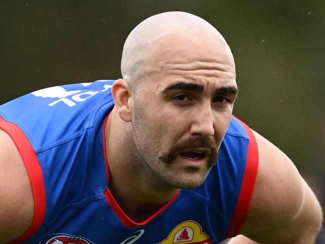 MELBOURNE, AUSTRALIA - FEBRUARY 15: Brayden Crossley of the Bulldogs looks on during the 2025 AFL Pre-Season match between Western Bulldogs and Essendon Bombers at Whitten Oval on February 15, 2025 in Melbourne, Australia. (Photo by Quinn Rooney/Getty Images)