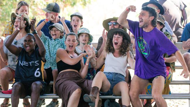 The crowd goes wild in the mens basketball as the Arnhem Crows V Galwinku Tigers game goes down to the wire in a weekend of Music, Sport and Culture at the Barunga Festival. Picture Glenn Campbell