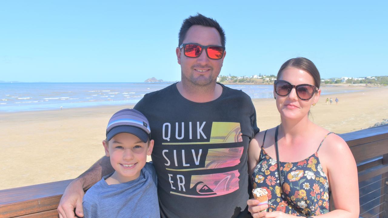 Noah Britt, Marcus Britt and Helen Giovanini from Rockhampton at Yeppoon Main Beach.