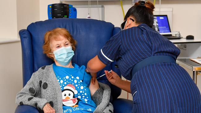 Margaret Keenan, 90, is the first patient in the United Kingdom to receive the Pfizer/BioNtech covid-19 vaccine at University Hospital, Coventry. Picture: Getty