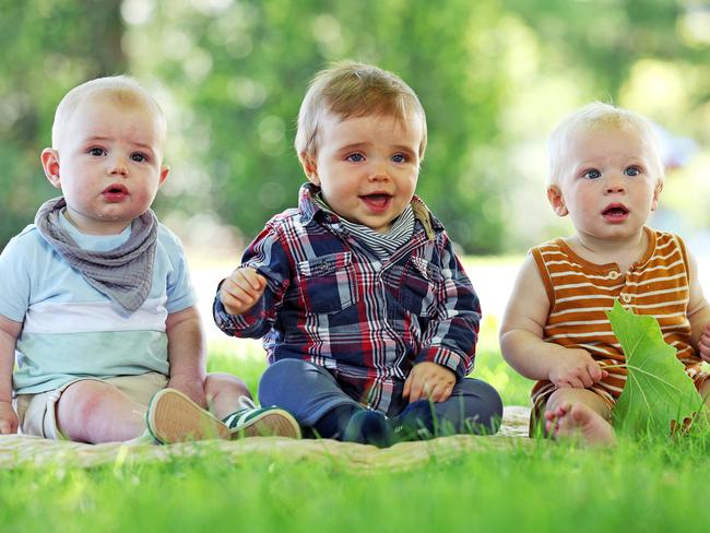 WEEKEND TELEGRAPH. DECEMBER 12, 2024.Pictured in Mittagong today are babies Maverick 7 months, Marko 8 months and Felix 10 months. There is currently a baby boom in the Southern Highlands. Picture: Tim Hunter.