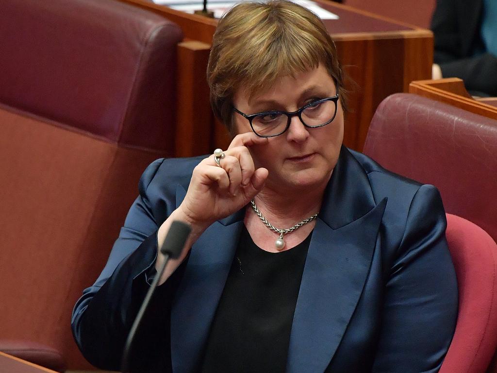 Senator Linda Reynolds wipes a tear during question time in the Senate on Thursday. Picture: Sam Mooy