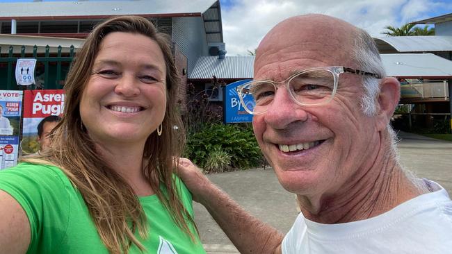 Greens candidate Sarah Ndiaye with mayoral candidate Duncan Dey at a Byron Shire polling place on Saturday.