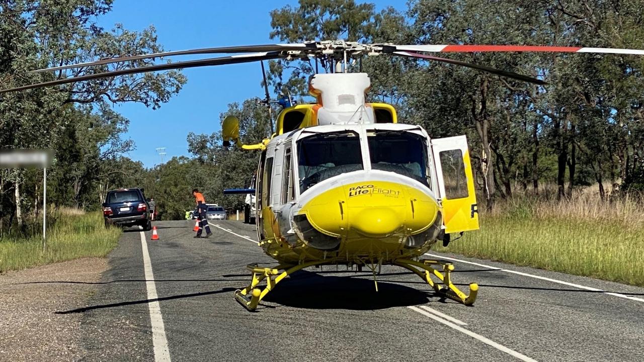 The Wide Bay Hwy between Kinbommbi and Cinnabar has been blocked by a serious crash which has left a woman with sinficant leg injuries. Picture: Contributed by RACQ Lifeflight