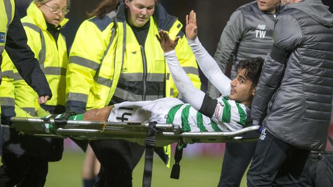 CelticÕs Daniel Arzani goes off injured during the Scottish Premiership match at Dens Park, Dundee.. Picture date: Wednesday October 31, 2018. See PA story SOCCER Dundee. Photo credit should read: Jeff Holmes/PA Wire. EDITORIAL USE ONLY