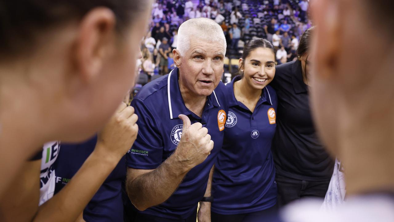 Geelong United coach Chris Lucas speaks to the team after winning the round seven WNBL match between Southside Flyers. Picture: Daniel Pockett/Getty Images