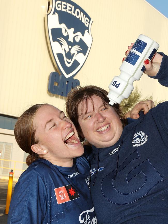 AFLW player Mikayla Bowen with Bel Cini who has worked two seasons as a 'water girl' for the Geelong Football Club's AFLW team. Picture: Alison Wynd