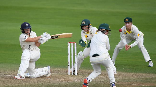 Katherine Brunt of England bats watched on by Alyssa Healy, Beth Mooney and Meg Lanning of Australia. Picture: Alex Davidson/Getty Images