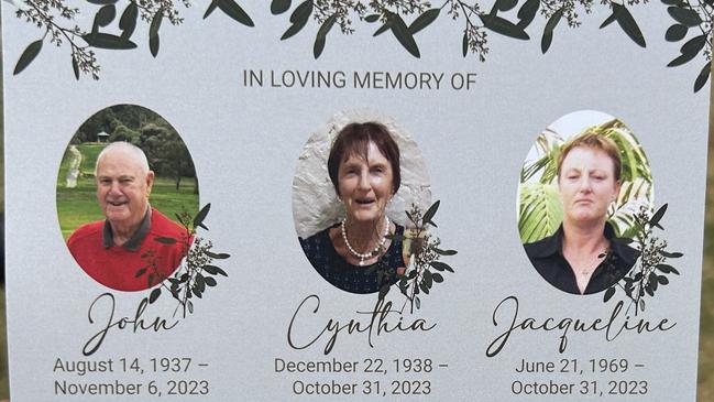 The memorial card at the funeral of John, Cynthia and Jacqueline Clark at Snowtown.