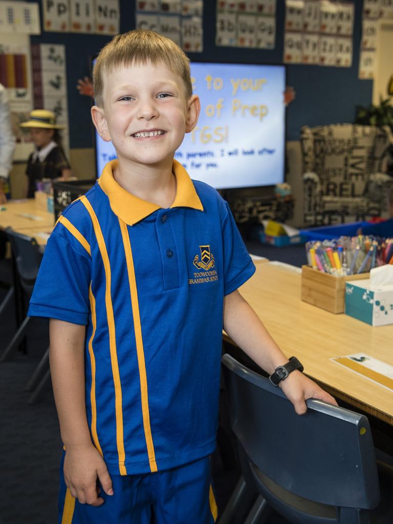 Toowoomba Grammar School Prep student Thomas McAllister on his first day of school, Tuesday, January 23, 2024. Picture: Kevin Farmer