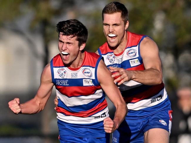 Point Cook’s Connor McKenzie celebrates a goal against Spotswood. Picture: Andy Brownbill