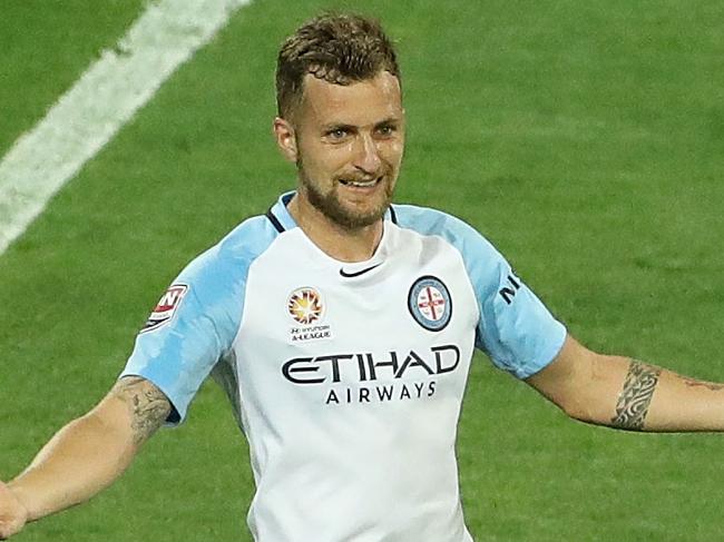 MELBOURNE, AUSTRALIA - FEBRUARY 11: Nicolas Colazo of Melbourne City celebrates after scoring a penalty during the round 19 A-League match between Melbourne City FC and the Brisbane Roar at AAMI Park on February 11, 2017 in Melbourne, Australia. (Photo by Robert Cianflone/Getty Images)