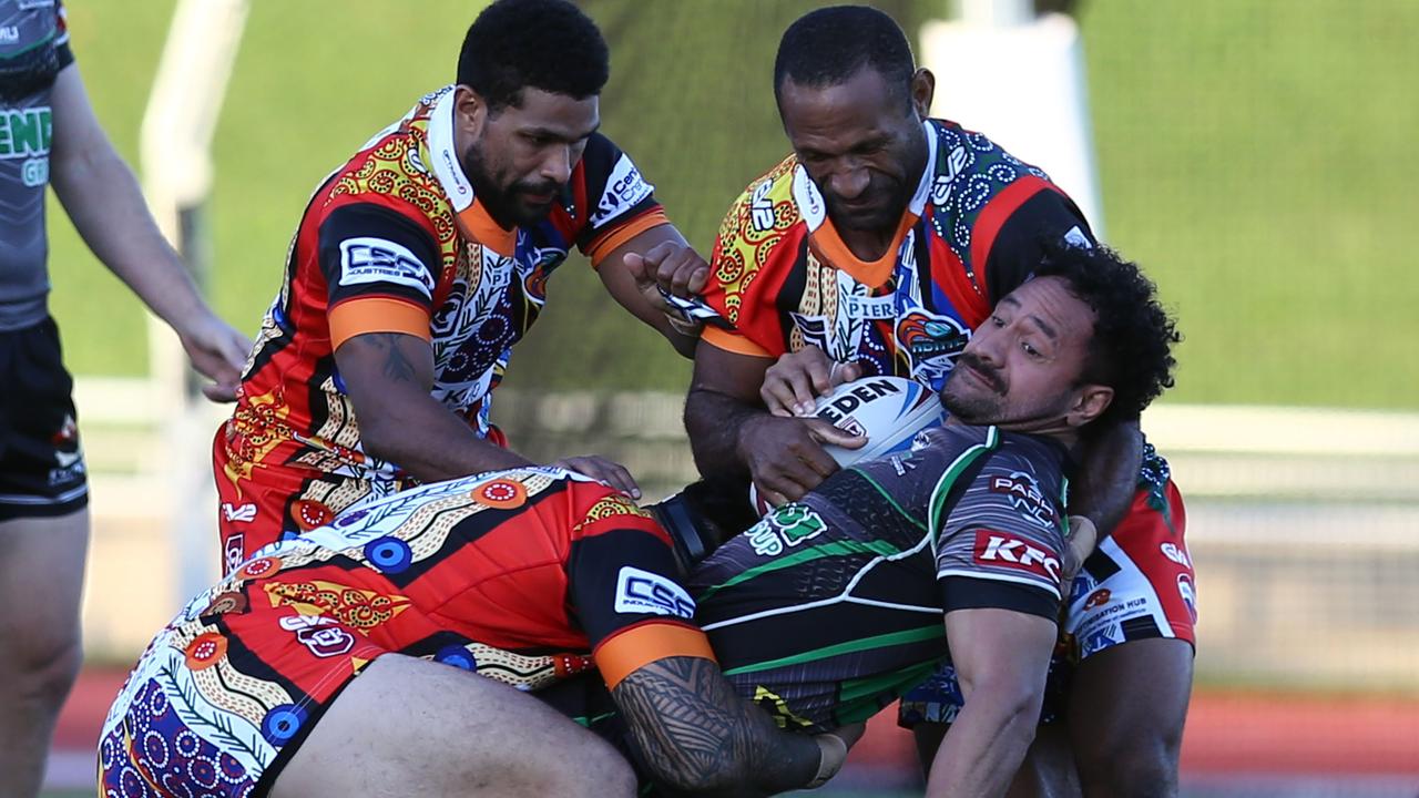 Blackhawks Patrick Kaufusi is tackled. Intrust Super Cup: Northern Pride v Townsville Blackhawks at Barlow Park, Cairns. PICTURE: Matthew McInerney