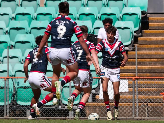 Roosters celebrate their opening try. Picture: Adam Wrightson Photography.