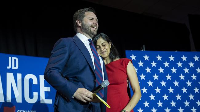 Republican U.S. Senate candidate J.D. Vance embraces his wife Usha Vance. Picture: Drew Angerer/Getty Images