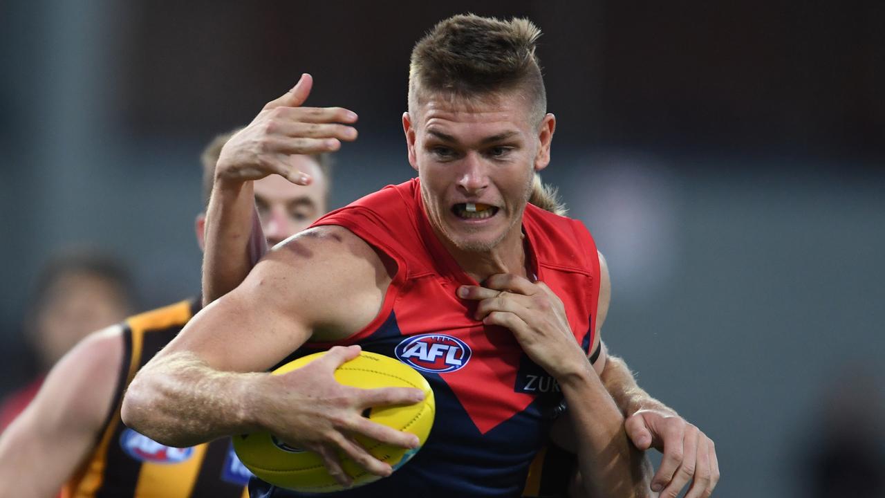 Adam Tomlinson was influential in Melbourne’s win over Hawthorn. Picture: Steve Bell