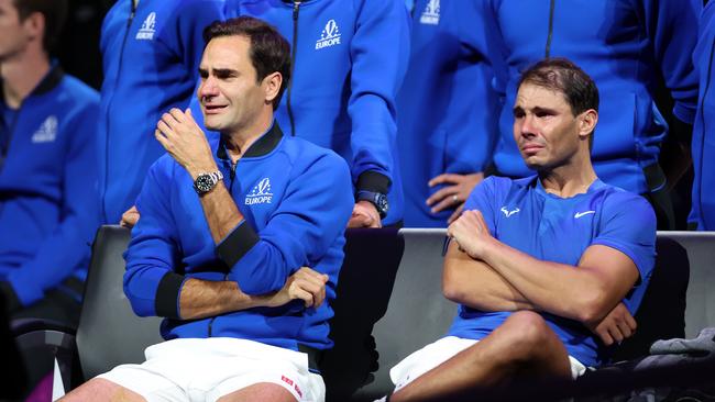 Roger Federer of Team Europe gets emotional alongside Rafael Nadal following his final ever match during Day One of the Laver Cup at The O2 Arena on September 23 in London.