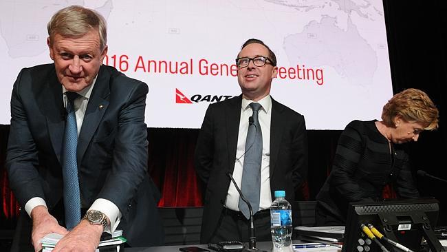 Qantas chief executive Alan Joyce, centre, at the company’s annual general meeting yesterday. Picture: Joel Carrett