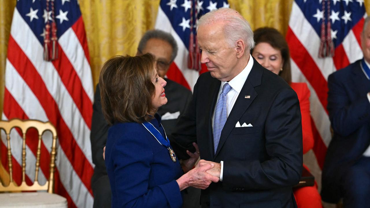 Mr Biden presenting the Presidential Medal of Freedom to Ms Pelosi at the White House on May 3. Picture: Andrew Caballero-Reynolds / AFP