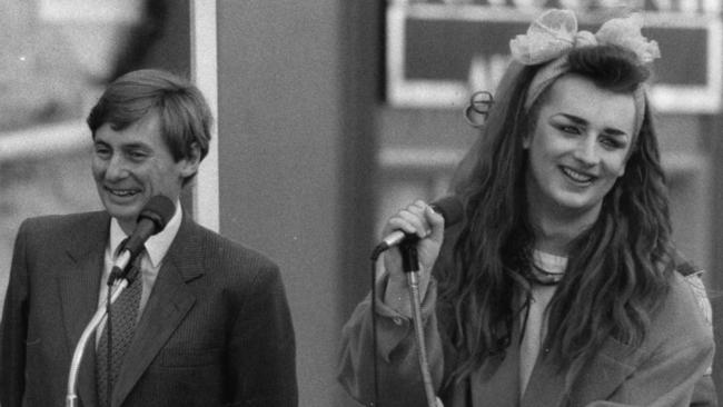 Singer Boy George (right) of Culture Club with then SA Premier John Bannon (left) in Rundle Mall, Adelaide, on July 5, 1984. Picture: Advertiser Library