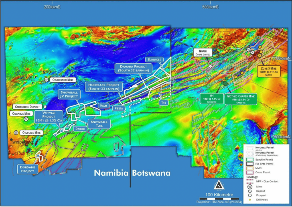 Pic: Kalahari Copper Belt with Noronex tenement holding showing the Humpback-Damara licences subject to the new South32 earn-in agreement. Source: NRX