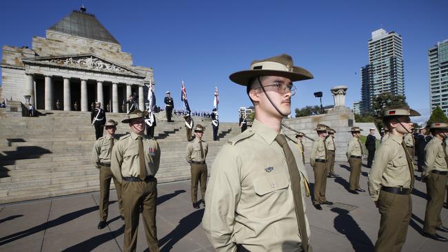 Australian Army soldiers at the Shrine of Remembrance on Anzac Day. Picture: David Caird