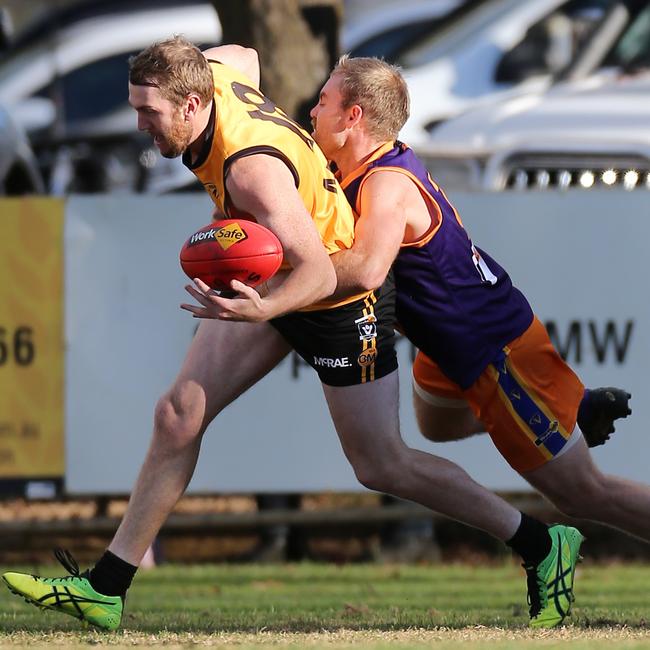 Albury’s Jacob Conlan is tackled by a Goulburn Valley opponent. Picture: Yuri Kouzmin