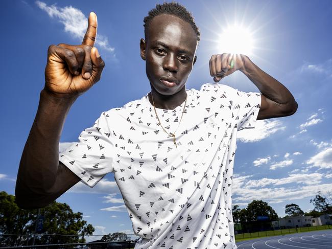 Sprinter Gout Gout at QSAC after his record sprints at the 2024 Australian All Schools Athletics Championships, Sunday, December 8, 2024 - Picture: Richard Walker