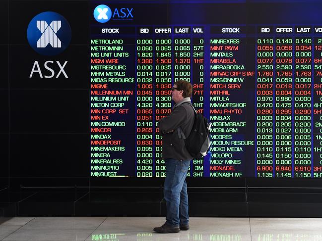 A man watches the ASX trading board in Sydney on Tuesday, Aug. 25, 2015. After an initial 1.5 per cent plunge, the S&P/ASX 200 and the All Ordinaries which pulled both indices below 5,000 points, a recovery among key heavyweight bank stocks pushed the market back into positive territory. (AAP Image/Paul Miller) NO ARCHIVING