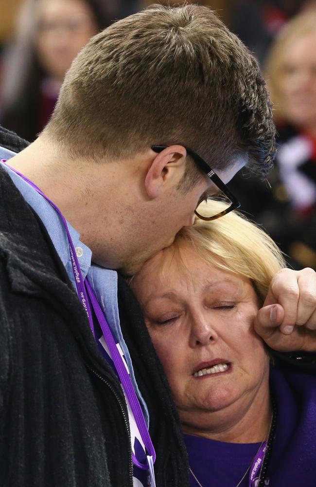 An emotional Fiona Riewoldt with son Alex at Maddie’s Match. Picture: Robert Cianflone/Getty Images