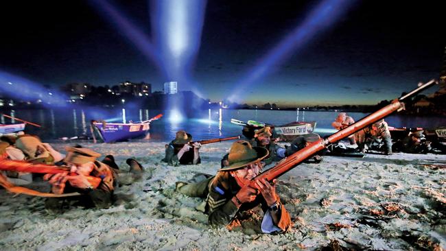 Jack Evans Boat Harbour hosted a re-enactment of the Gallipoli landing. Mark McDonald, centre. Pic by Luke Marsden.